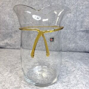 Blenko Art Glass Clear Pitcher Amber Wrap Tie Detail Handblown Vintage MCM 9.5"
